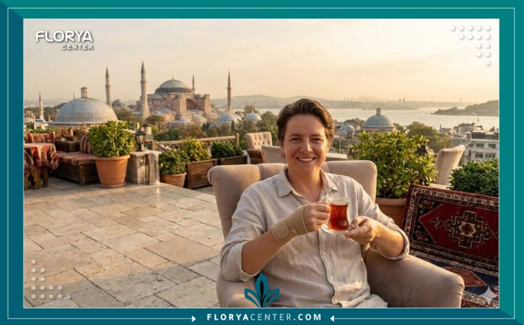 مريض في فترة النقاهة يستمتع بإطلالة ساحرة على آيا صوفيا والمسجد الأزرق في إسطنبول، مما يجسد تجربة السياحة العلاجية المريحة في تركيا.