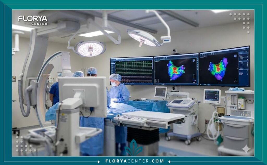 غرفة عمليات متطورة مجهزة بأحدث التقنيات لعلاج خفقان القلب واضطراب النظم.