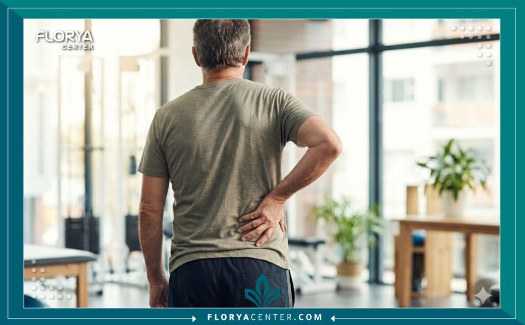 صورة واقعية تركز على منطقة أسفل الظهر لشخص في مركز للعلاج الطبيعي، توضح مكان الإصابة بكسر الفقرات ومرحلة التعافي.