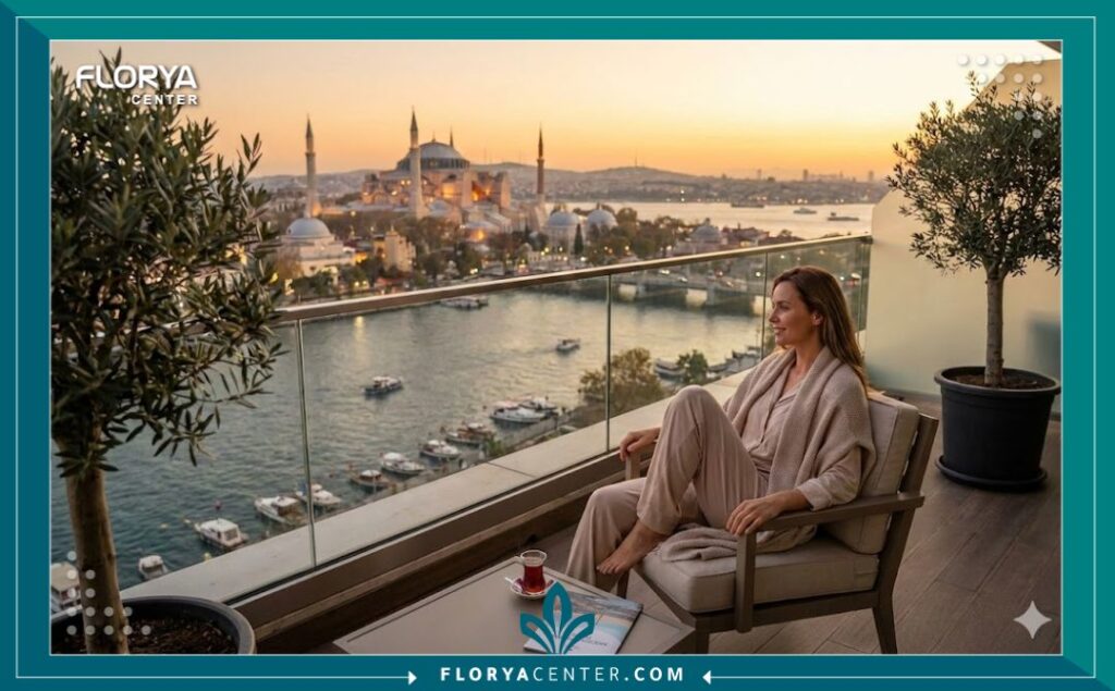 إطلالة بانورامية خلابة على مضيق البوسفور وآيا صوفيا في إسطنبول من شرفة غرفة مريض في مستشفى فاخر، تعكس مفهوم السياحة العلاجية في تركيا.
