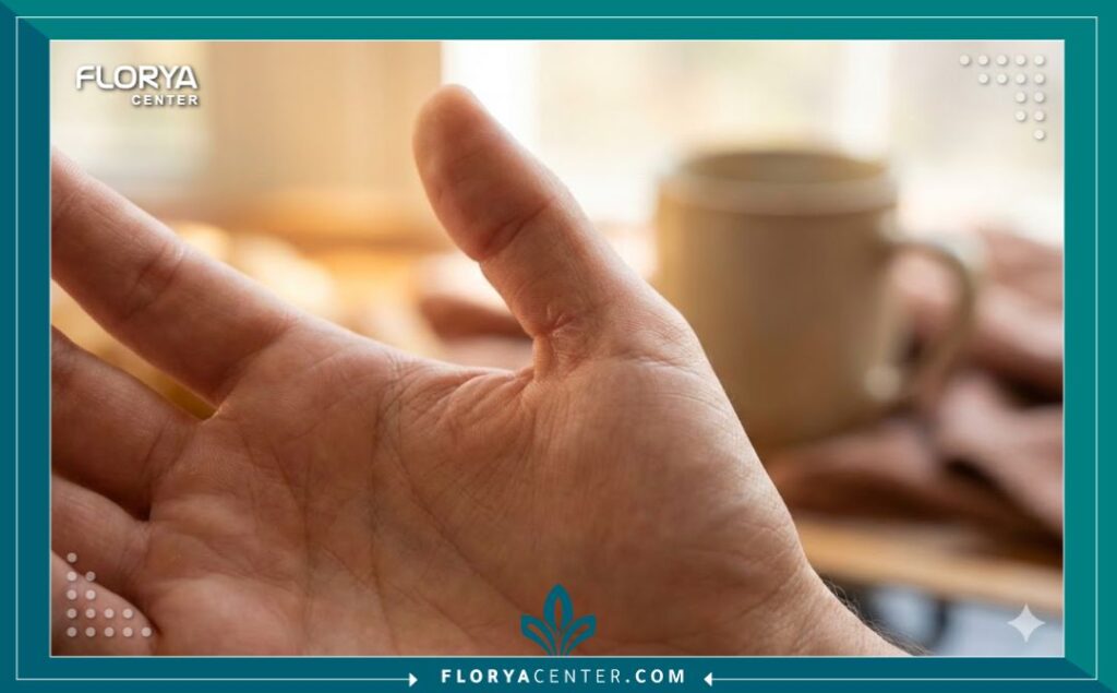 تركيز على منطقة كف اليد المتأثرة بإصبع الزناد قبل وبعد التدخل الجراحي الناجح.