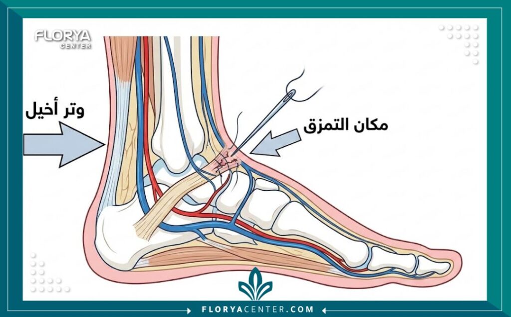 رسم تخطيطي طبي يوضح تشريح وتر العرقوب وكيفية إصلاح التمزق جراحياً.