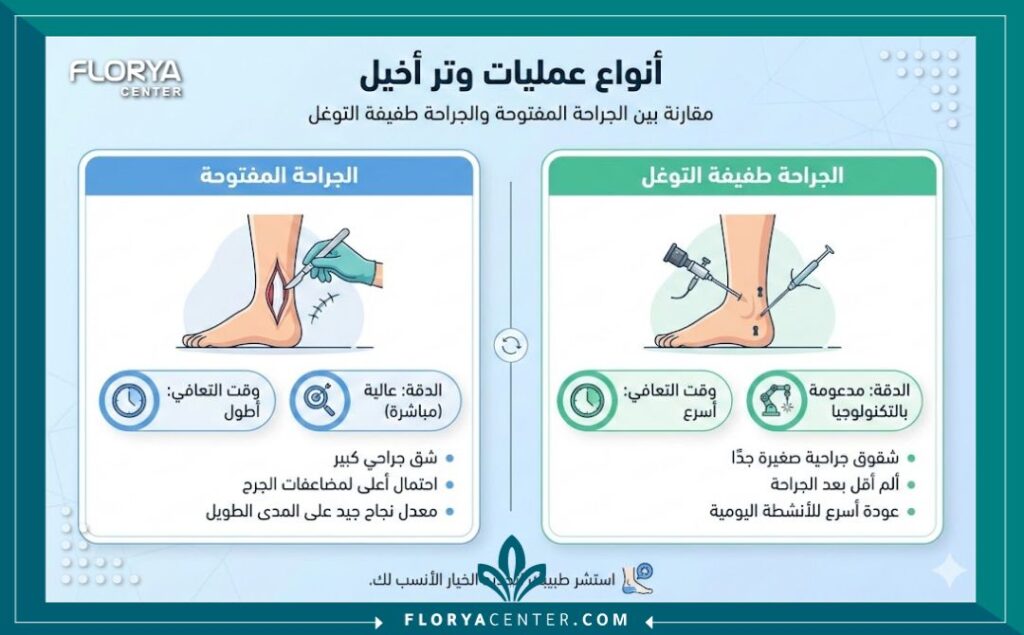 انفوجرافيك يقارن بين أنواع عملية إصلاح وتر أخيل (الجراحة المفتوحة والتدخل المحدود).