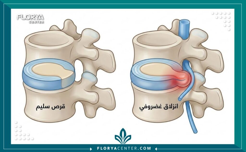 رسم توضيحي طبي يبين الفرق بين الديسك السليم والانزلاق الغضروفي والضغط على الأعصاب.