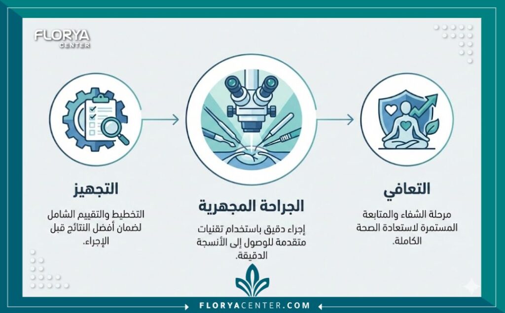 إنفوجرافيك يوضح مراحل عملية استئصال الانزلاق الغضروفي المجهرية وفترة النقاهة.