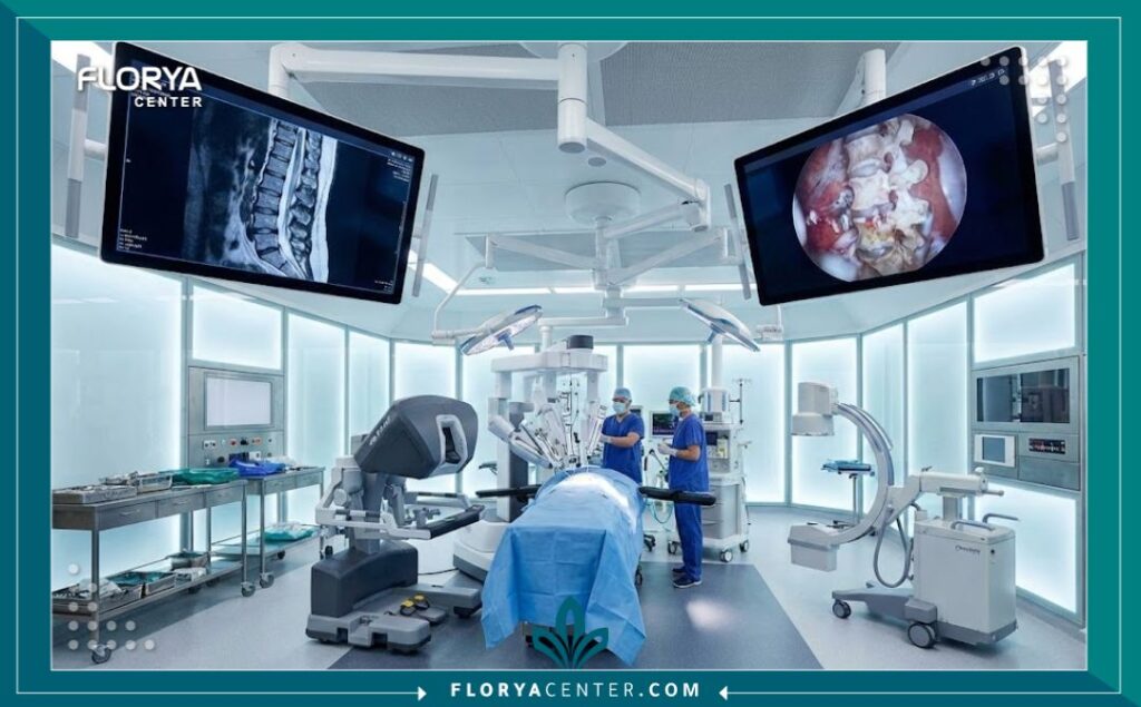 نظرة من داخل غرفة العمليات الحديثة المجهزة بأحدث شاشات العرض لإجراء جراحات الغضروف الدقيقة.