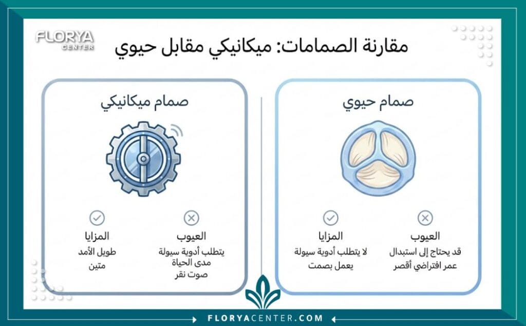 إنفوجرافيك طبي يوضح الفرق بين عملية استبدال الصمام الميترالي والصمام الحيوي في جراحة القلب.