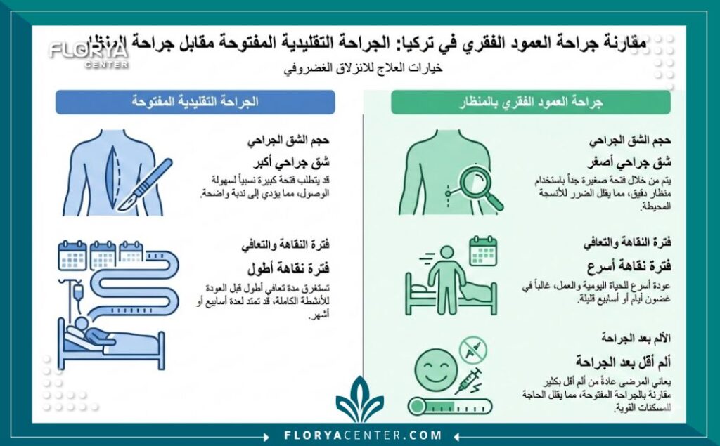إنفوغرافيك مقارنة باللغة العربية يوضح الفرق بين الجراحة التقليدية المفتوحة وجراحة العمود الفقري بالمنظار عملية الانزلاق الغضروفي في تركيا، مع التركيز على مميزات الجراحة بالمنظار مثل صغر الشق الجراحي وسرعة التعافي.