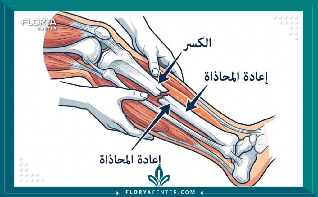 عملية التجبير تحت التخدير 2 رسم توضيحي طبي يوضح كيفية محاذاة العظام أثناء عملية التجبير المغلق.