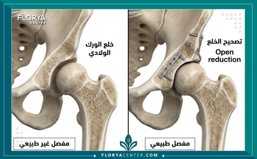 رسم توضيحي طبي يشرح تشريح مفصل الورك الخلقي وكيفية إعادة تركيب المفصل جراحياً.