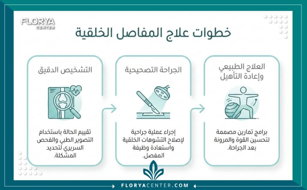 إنفوجرافيك يوضح مراحل عملية الفك والتركيب للمفاصل الخلقية من التشخيص إلى التعافي.