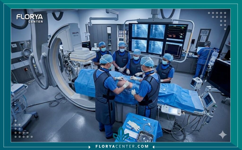 لقطة واقعية لغرفة قسطرة القلب في مستشفى حديث مليئة بالأجهزة الطبية المتطورة.