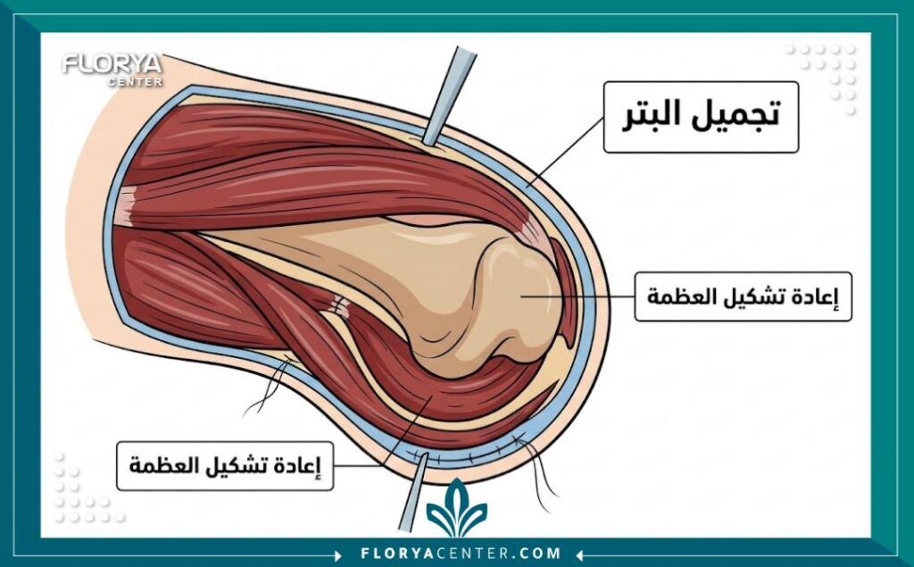 مخطط طبي توضيحي يشرح كيفية إعادة تشكيل العضلات والعظام أثناء  عملية بتر وتجميل البتر لتحسين مقاس الطرف الصناعي.