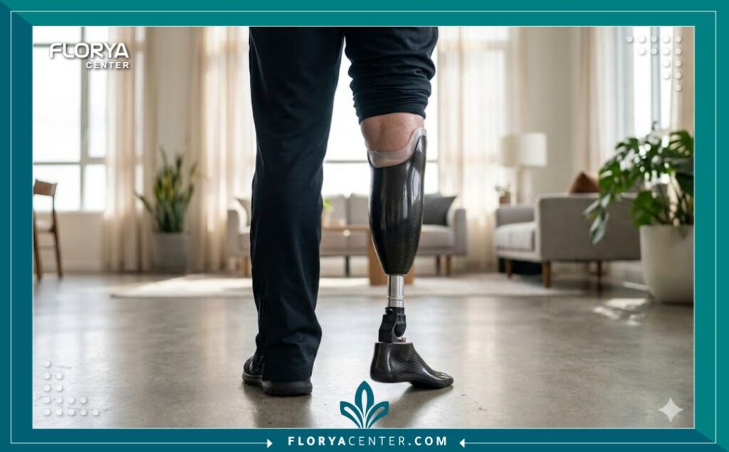مريض يستعرض نجاح عملية تجميل البتر وتوافق الطرف الصناعي مع شكل الجسم بطريقة تجميلية واحترافية.