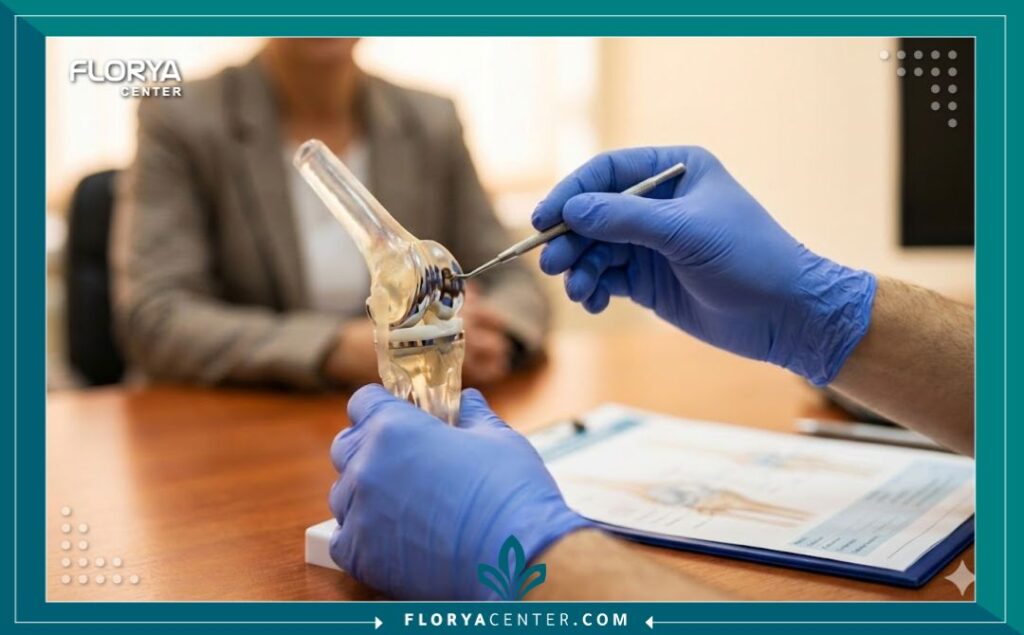 طبيب عظام يشرح تفاصيل عملية تبديل مفصل الركبة باستخدام نموذج طبي توضيحي.