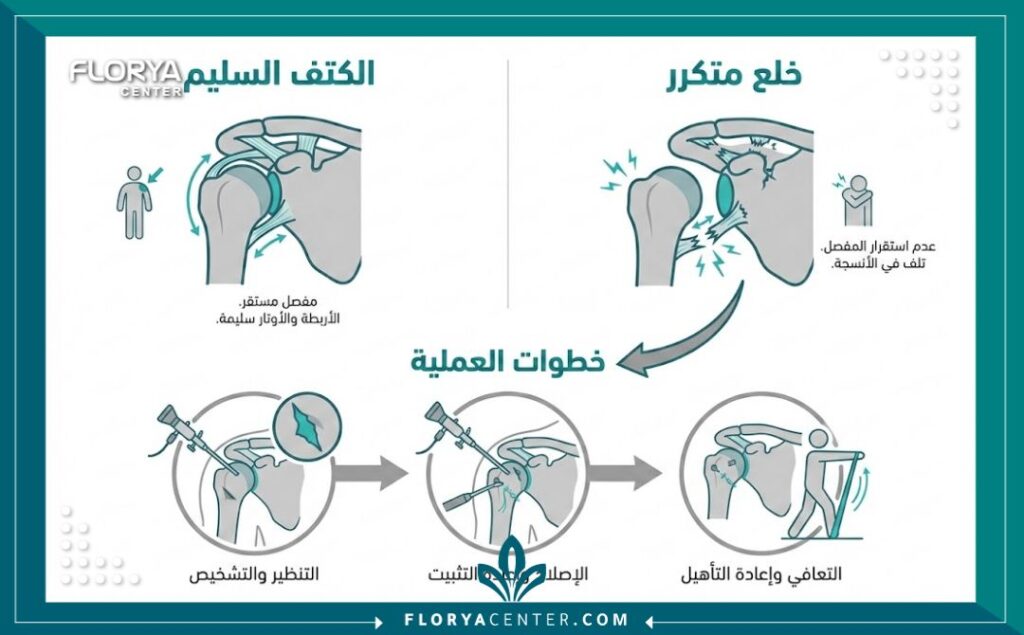 انفوجرافيك طبي يقارن بين الكتف الطبيعي والكتف المصاب بالخلع المتكرر في عملية تثبيت خلع الكتف المتكرر.