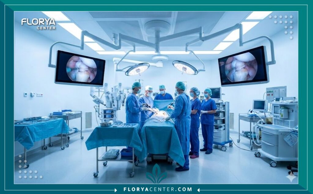 غرفة عمليات حديثة مجهزة لإجراء عملية مناظير الكتف لتثبيت الخلع.
