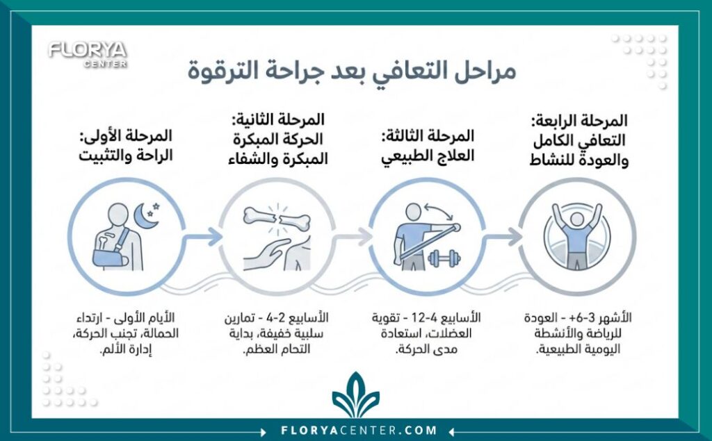 إنفوجرافيك يوضح مراحل التعافي بعد عملية تثبيت عظمة الترقوة.