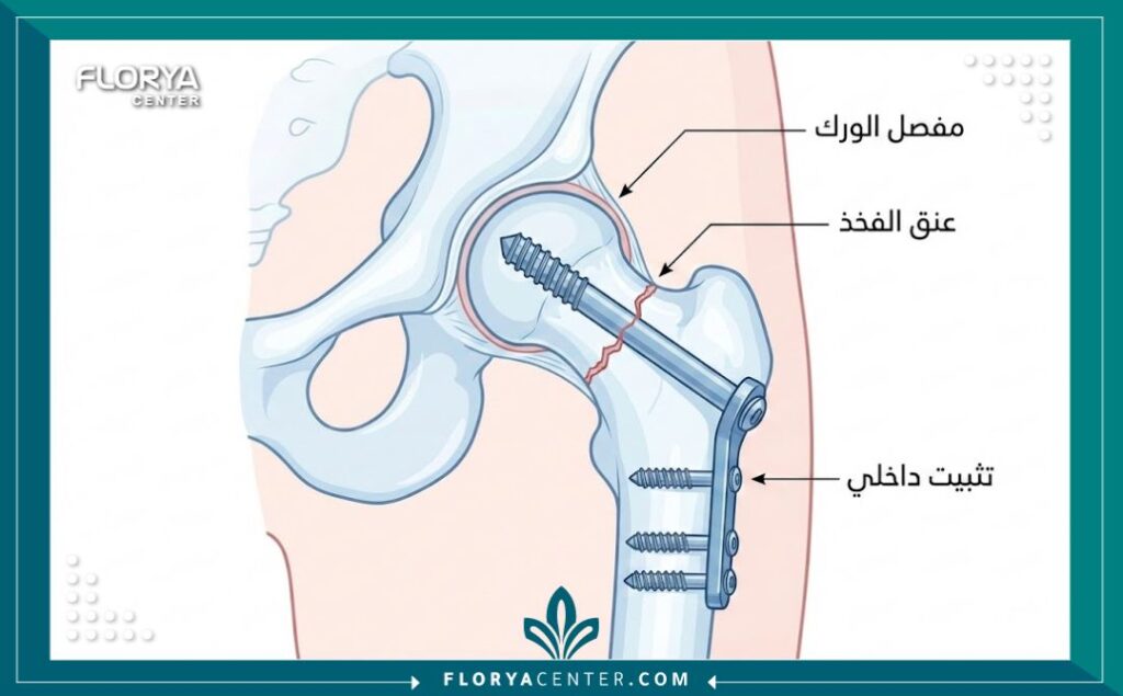 رسم توضيحي طبي يشرح تشريح كسر عنق الفخذ وكيفية تثبيته بالمسامير الطبية.