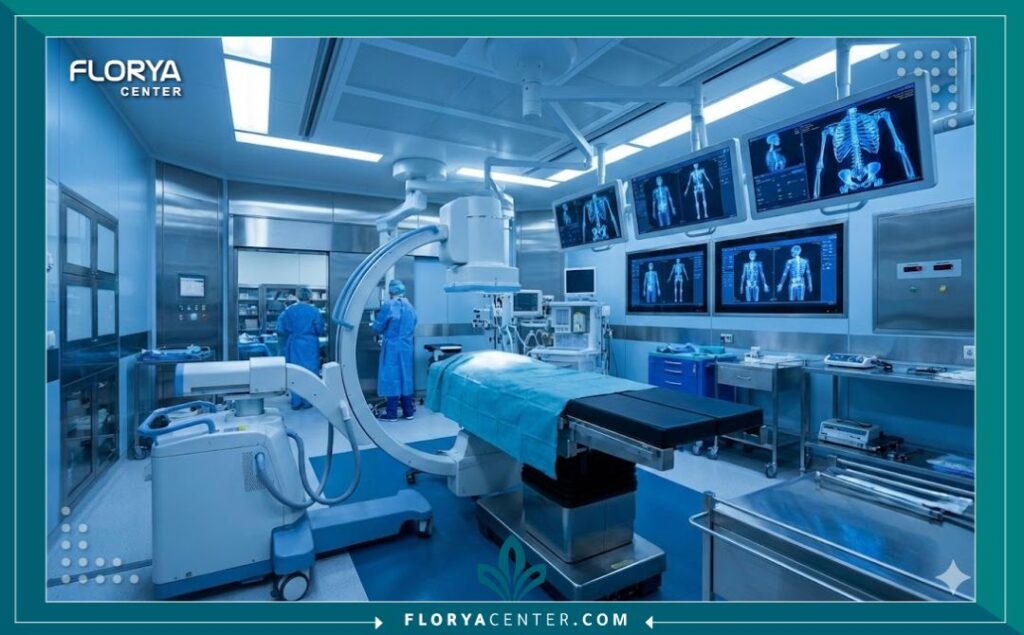داخل غرفة العمليات المجهزة بأحدث الأجهزة لإجراء جراحة تثبيت كسر عنق الفخذ.
