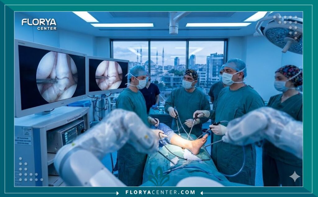 داخل غرفة العمليات الحديثة أثناء إجراء جراحة منظار الكاحل لترميم الأربطة.