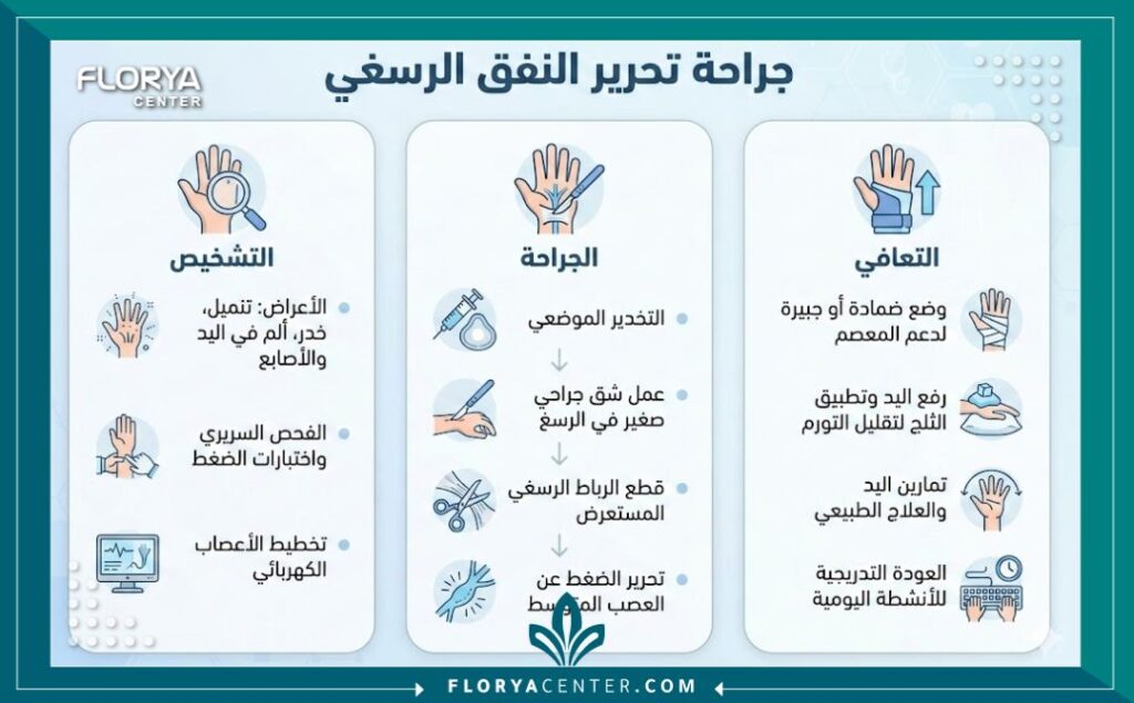 إنفوجرافيك يشرح مراحل ععملية تسليك عصب اليد في تركيا وفترة التعافي.