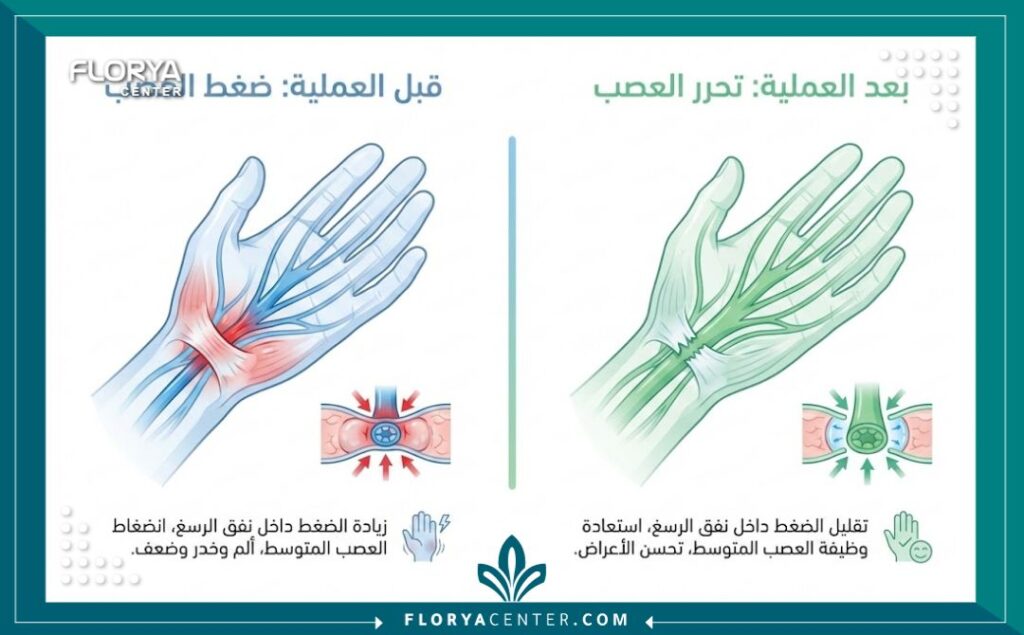 إنفوجرافيك يوضح الفرق بين حالة عصب اليد قبل وبعد عملية تسليك عصب اليد.