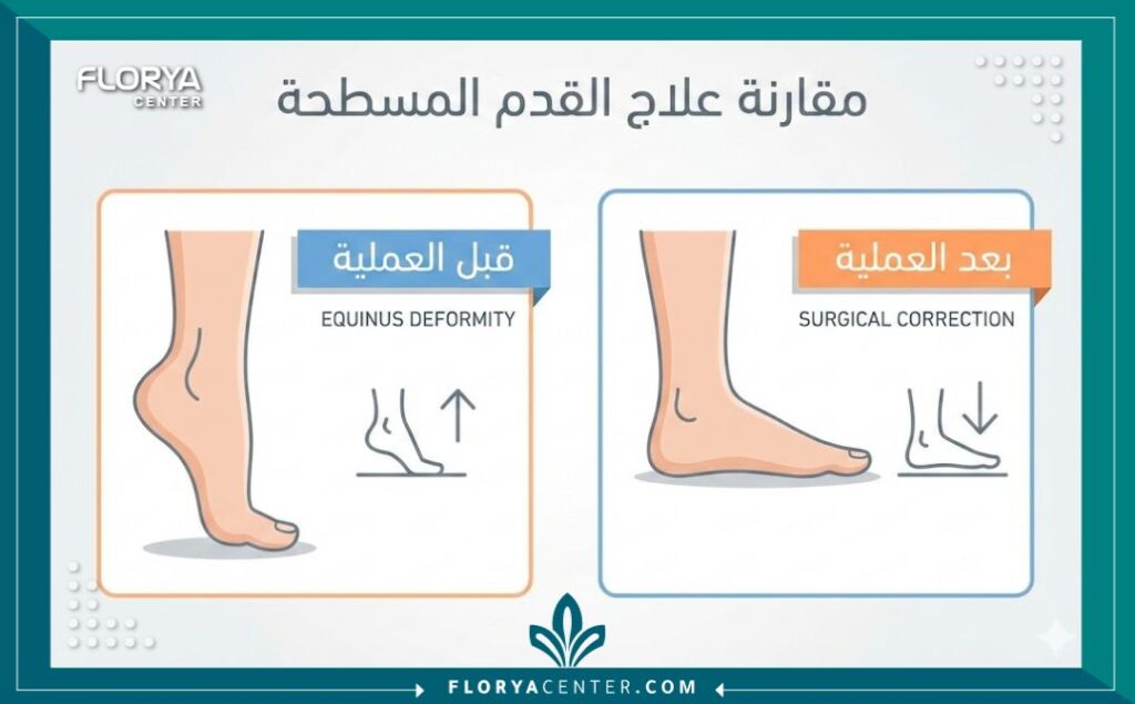 إنفوجرافيك يقارن بين شكل القدم قبل وبعد عملية تطويل الأوتار لتصحيح المشي.