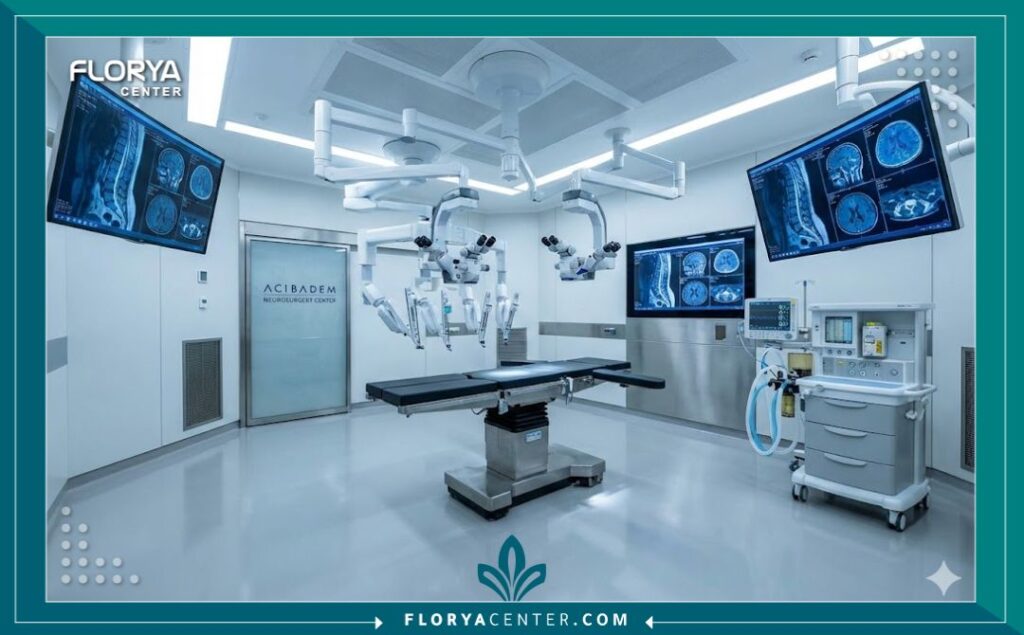 صورة واقعية لغرفة عمليات جراحة أعصاب متطورة ومجهزة بأحدث التقنيات الروبوتية في مستشفى رائد في تركيا.