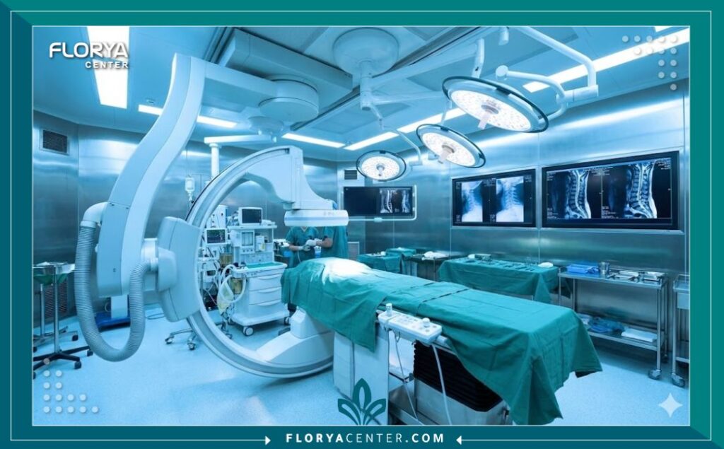 غرفة عمليات مجهزة بأحدث أجهزة الأشعة السينية (C-arm) لإجراء عمليات حقن الأسمنت العظمي للفقرات.