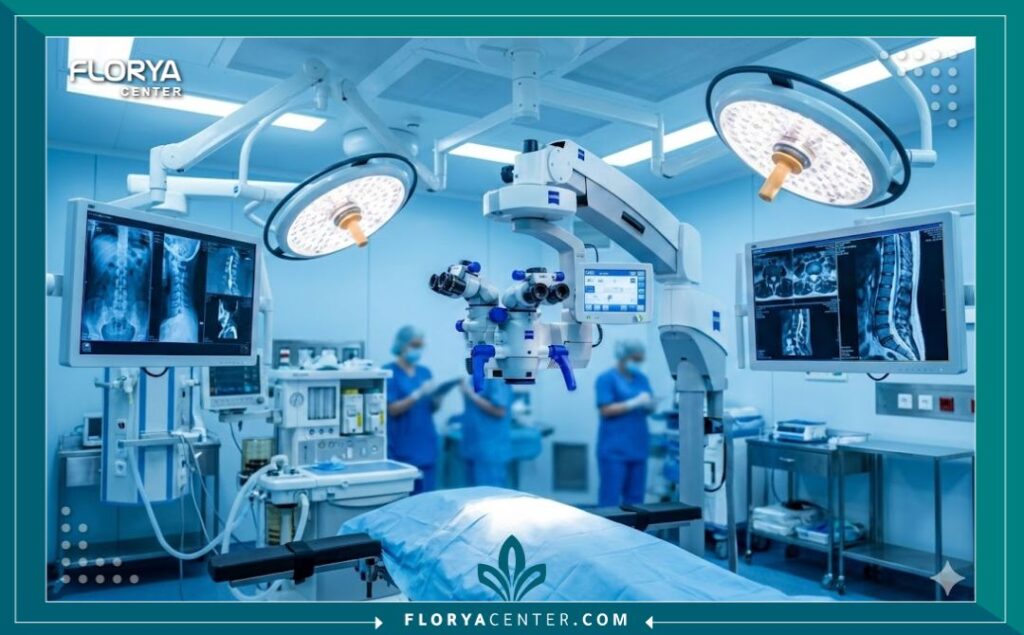 غرفة عمليات حديثة مجهزة بأحدث التقنيات لإجراء جراحة دمج الفقرات العنقية.