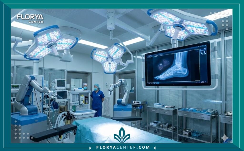 غرفة عمليات مجهزة بأحدث الأجهزة لإجراء جراحة شوكة القدم.