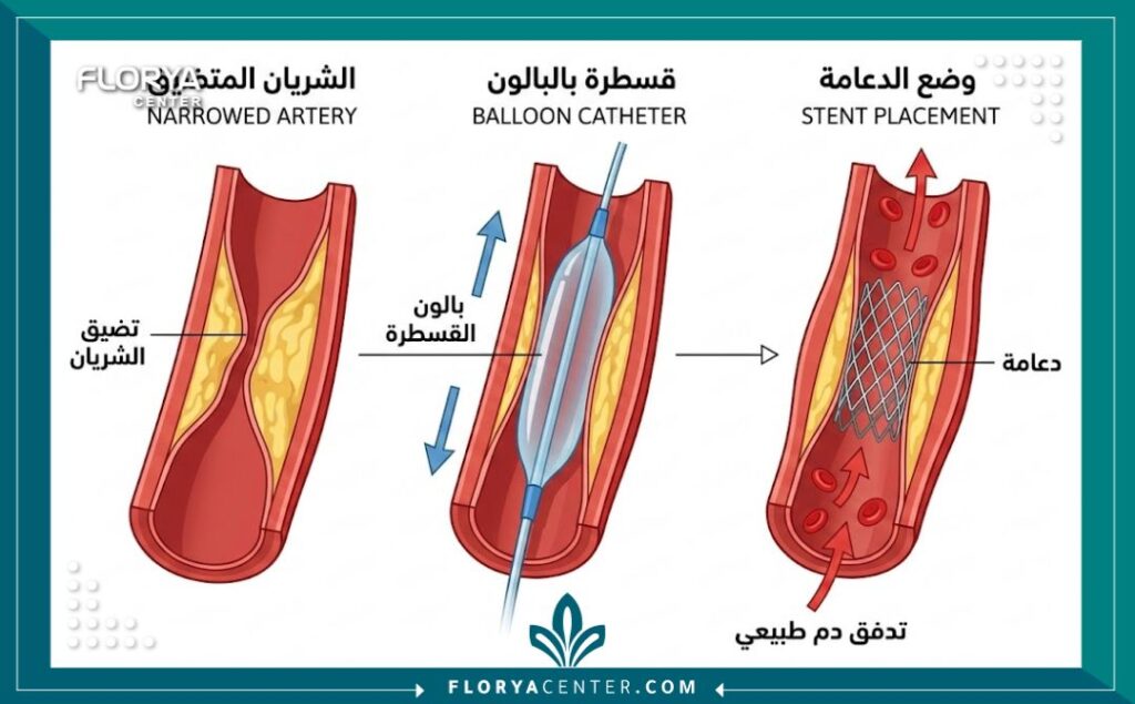 رسم توضيحي طبي يوضح خطوات عملية قسطرة القلب العلاجية وتوسيع الشرايين المتضيقة باستخدام البالون والدعامة.