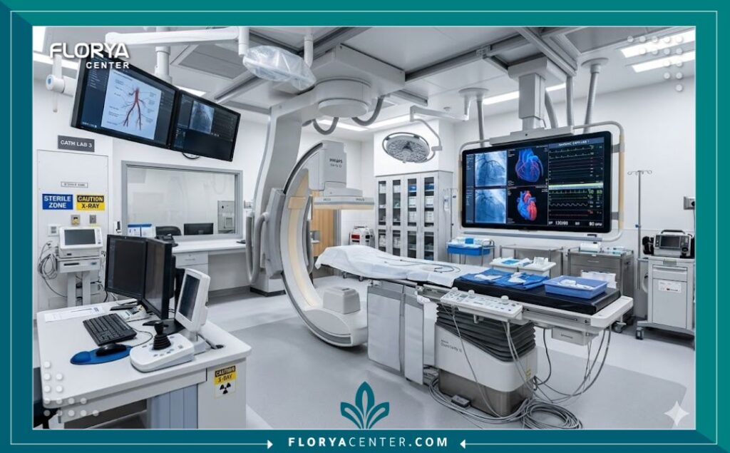 منظر داخلي لغرفة قسطرة قلبية حديثة ومعقمة في مستشفى متخصص، مجهزة بأحدث أجهزة التصوير والأشعة.