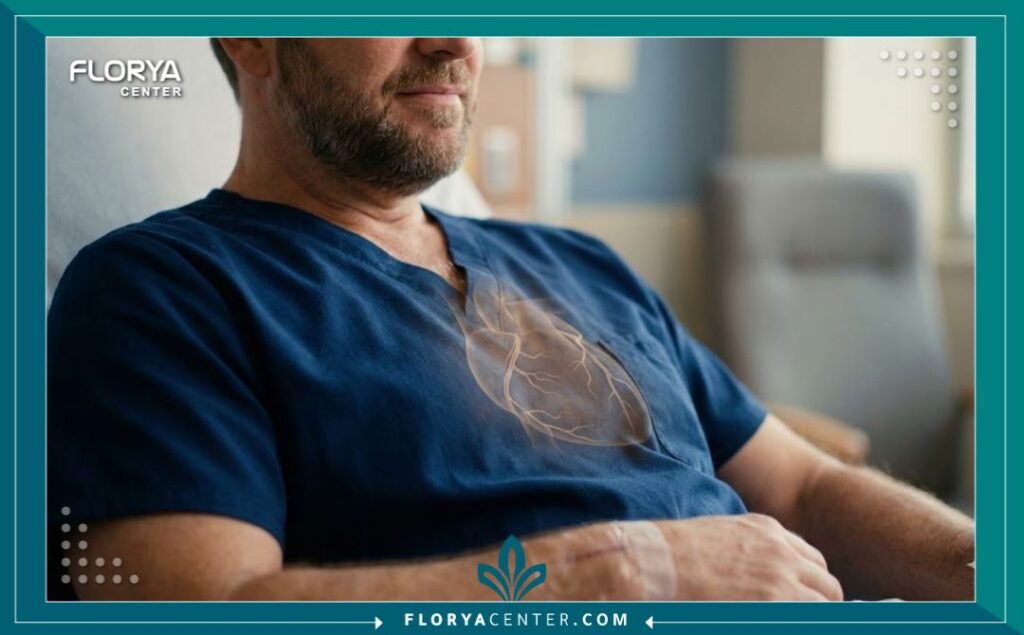 صورة نموذجية لمنطقة الصدر والقلب تبرز تشريح الشرايين التاجية في سياق العناية الطبية بعد القسطرة.