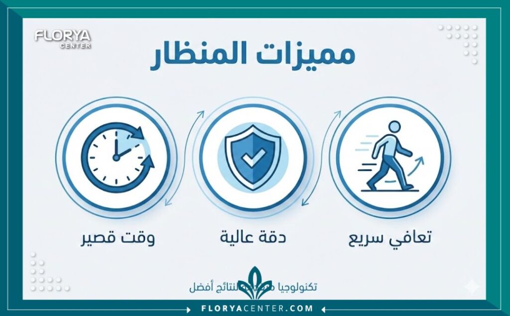 إنفوجرافيك يوضح مزايا إجراء عملية منظار الركبة التشخيصي في تركيا من حيث الدقة وسرعة الشفاء.