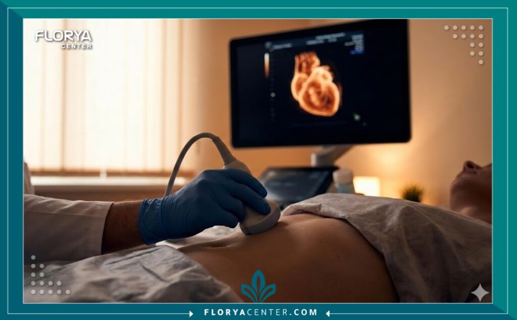 فحص موجات صوتية للقلب (إيكو) لمريض داخل عيادة قلب خاصة باستخدام أحدث الأجهزة.