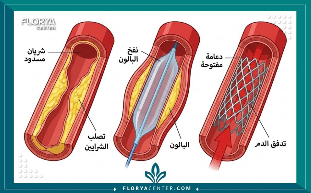 رسم تخطيطي طبي يوضح مراحل فتح الشريان التاجي المسدود، بدءاً من تصلب الشرايين، مروراً بتوسيع البالون، ووصولاً لتركيب الدعامة الدائمة لتحسين تدفق الدم.