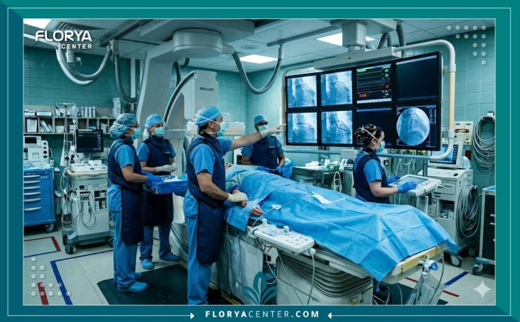 لقطة واقعية من داخل غرفة قسطرة القلب الحديثة، تظهر الطاقم الطبي المتخصص أثناء إجراء عملية فتح الشرايين التاجية باستخدام أحدث التقنيات والشاشات.