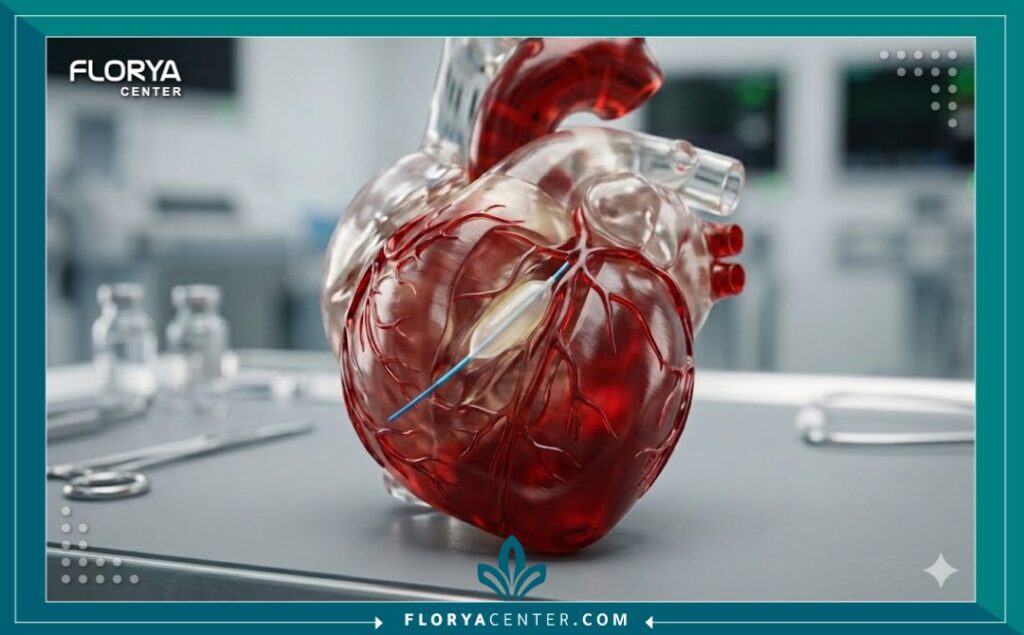 لقطة قريبة على نموذج طبي لمجسم القلب، تظهر بوضوح السلك الموجه الدقيق والبالون داخل أحد الشرايين التاجية لمحاكاة عملية القسطرة وفتح الانسداد.