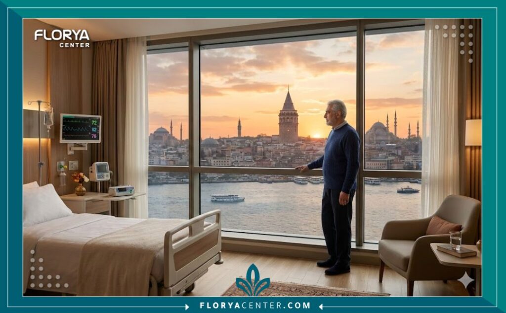 مريض في مرحلة التعافي ينظر من نافذة غرفة مستشفى فاخر في اسطنبول يطل على البوسفور وبرج غالاتا، يرمز لنجاح عملية قسطرة القلب والسياحة العلاجية في تركيا.