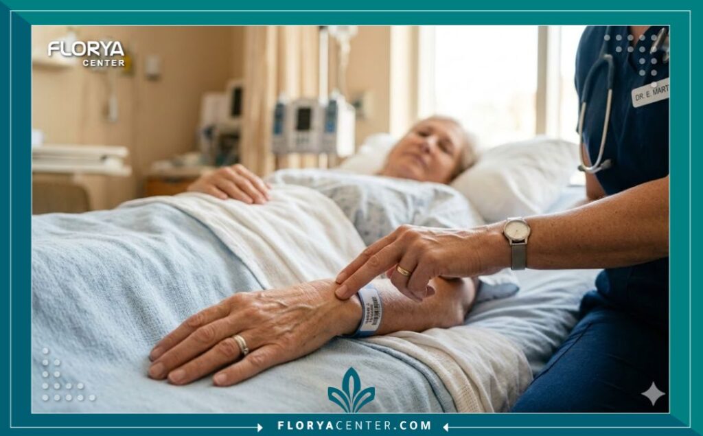طبيب يفحص المريض ويشرح له مخاطر قسطرة القلب لتقليل التوتر قبل العملية.