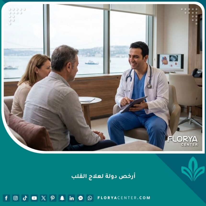 صورة واقعية لطبيب قلب بارز يناقش خطة علاج مع مريض في مستشفى حديث بإطلالة على البوسفور في اسطنبول، أرخص دولة لعلاج القلب بجودة عالية.