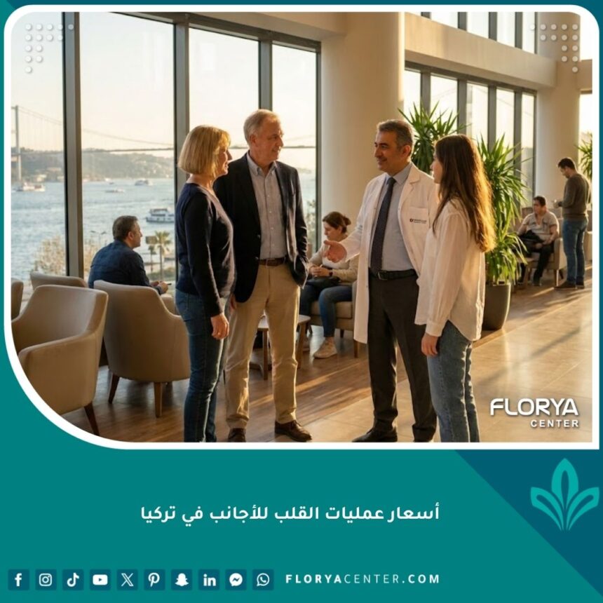 جراح قلب تركي يتحدث مع مريض أجنبي وعائلته في مستشفى فاخر بإسطنبول، مع إطلالة على البوسفور، يعكس الثقة والأمل في السياحة العلاجية.