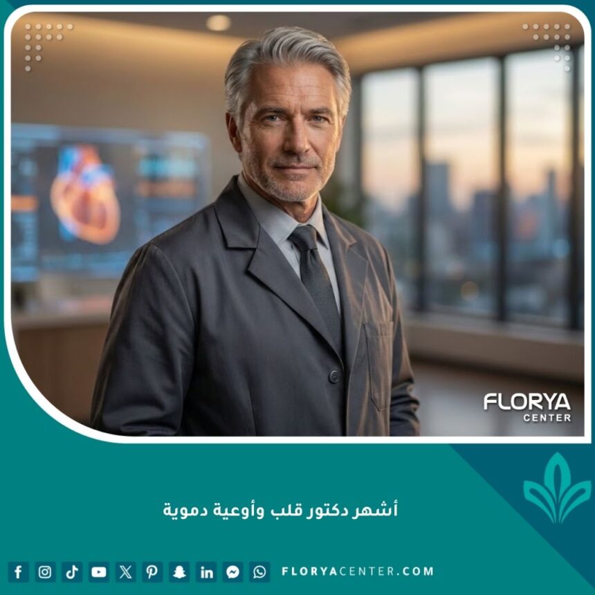 صورة احترافية لأشهر دكتور قلب وأوعية دموية في عيادة حديثة متطورة.