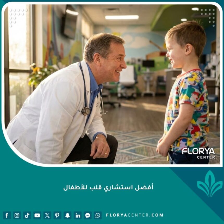 أفضل استشاري قلب للأطفال يبتسم لطفل في عيادة قلب حديثة ومجهزة.