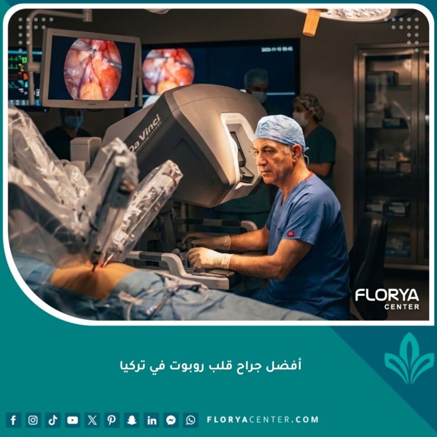 صورة سينمائية لأفضل جراح قلب روبوت في تركيا يجري عملية دقيقة باستخدام نظام دافينشي الجراحي في غرفة عمليات متطورة بإسطنبول.