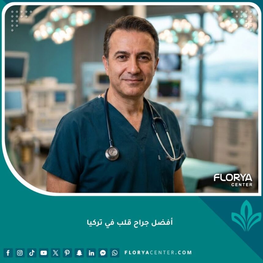 أفضل جراح قلب في تركيا يقف في مستشفى حديث بأسطنبول مع خلفية لغرفة عمليات متطورة.