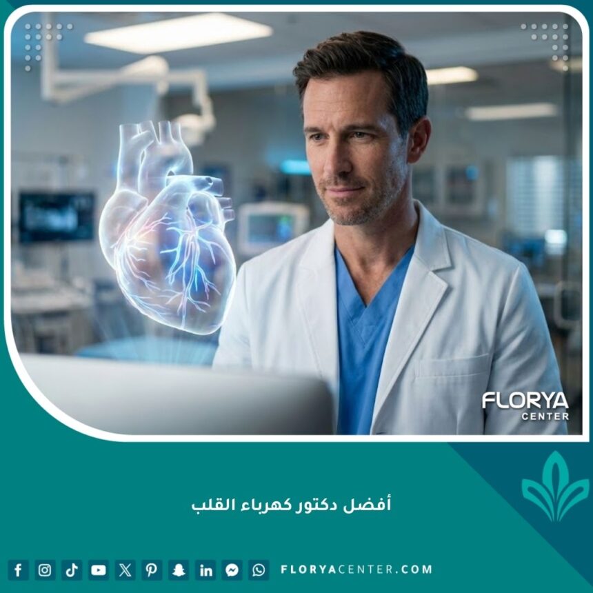 أفضل دكتور كهرباء قلب في عيادة حديثة يستخدم تقنيات الهولوجرام لفحص نبضات القلب.