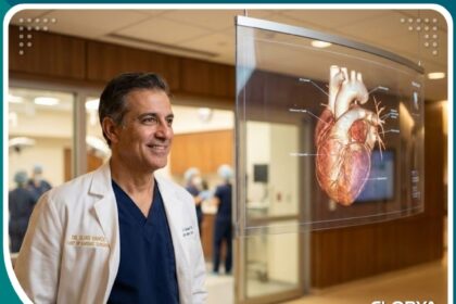 صورة واقعية لجراح قلب خبير في أفضل مستشفى لعمليات القلب المفتوح، يعرض تقنيات طبية متقدمة تعكس الثقة والأمل.